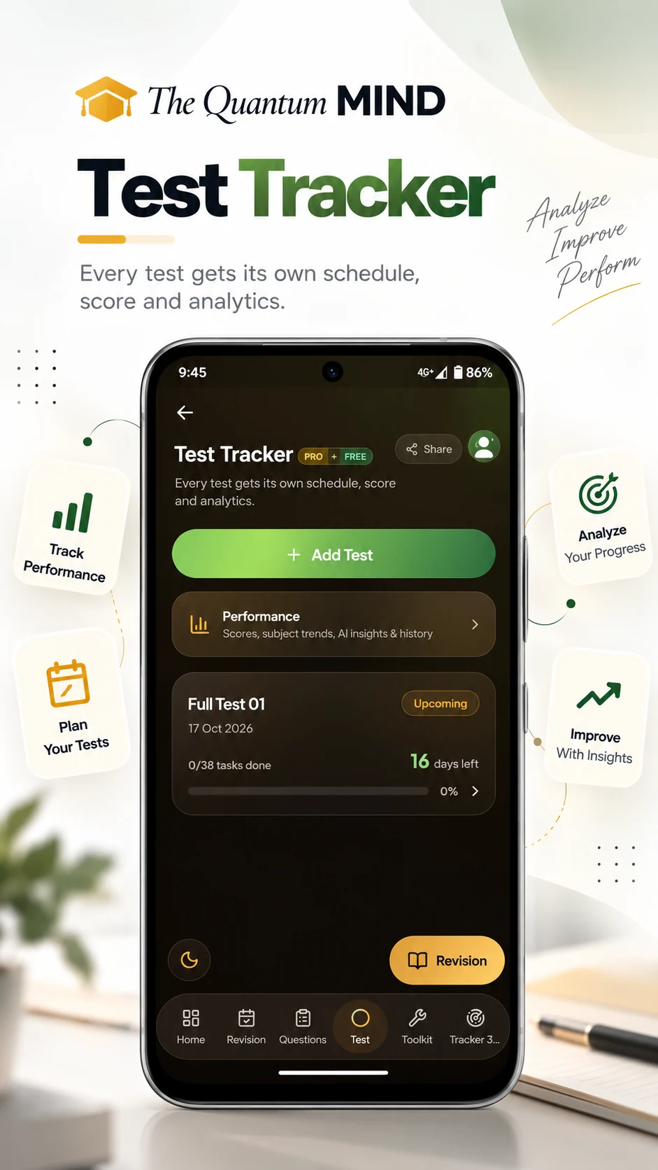 Test Tracker — every test gets its own schedule, score and analytics